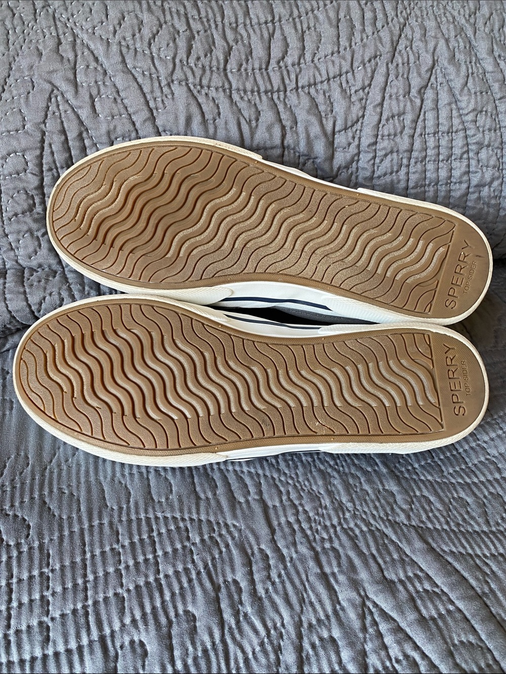 Sperry Slip-On Canvas Sneakers in Light Gray with Navy Insoles - Picture 3 of 5